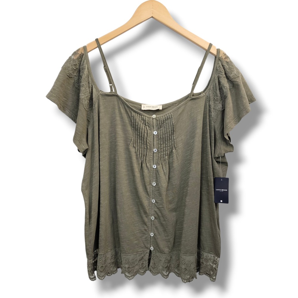 Lucky Brand Top XXL Womens Olive Green Lace Trim Cold Shoulder Pintuck Boho NEW
